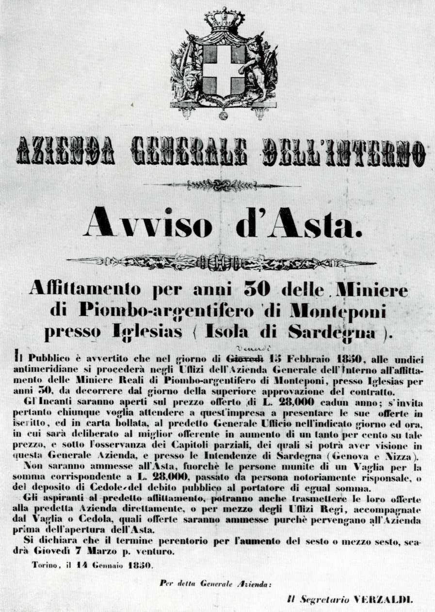Archivio Storico Minerario: Avviso d'asta 1850