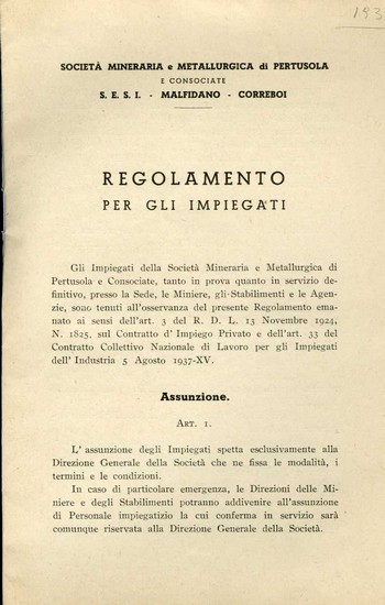 Archivio Minerario: Società_Pertusola_Malfidano_e_Correboi_Regolamento_per_gli_impiegati_1937